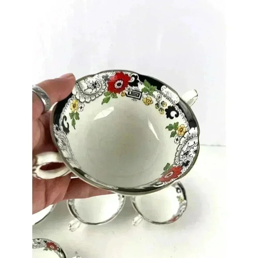VTG Set of 5‎ Swansea Soup Dish Bowl Floral Pattern Bone China Canton Gold Trim